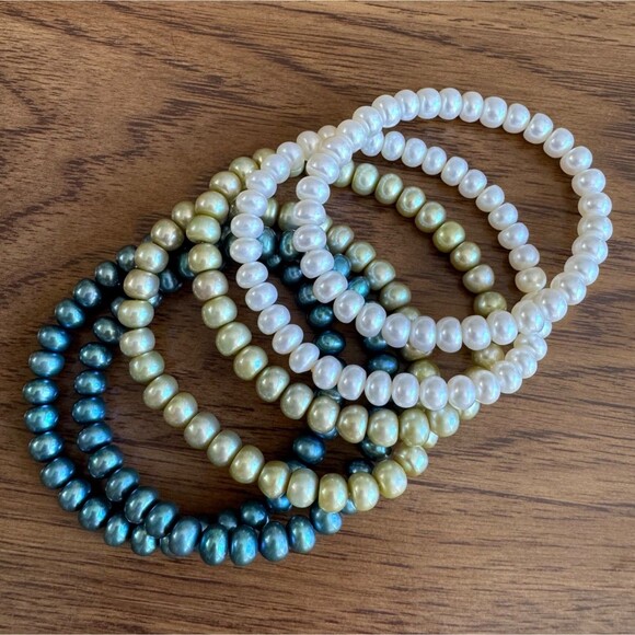 Honora Pearl Stretch Bracelets Set Of 6 Blue Green White Cool Tones Vintage - Picture 10 of 10